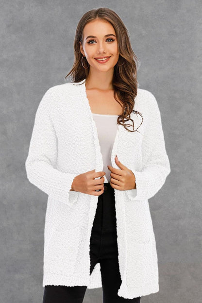 Pocketed Open Front Long Sleeve Cardigan.