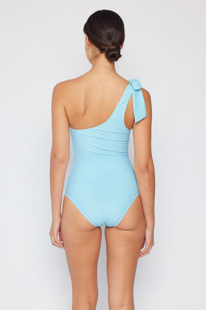 Marina West Swim Vacay Mode One Shoulder Swimsuit in Pastel Blue.