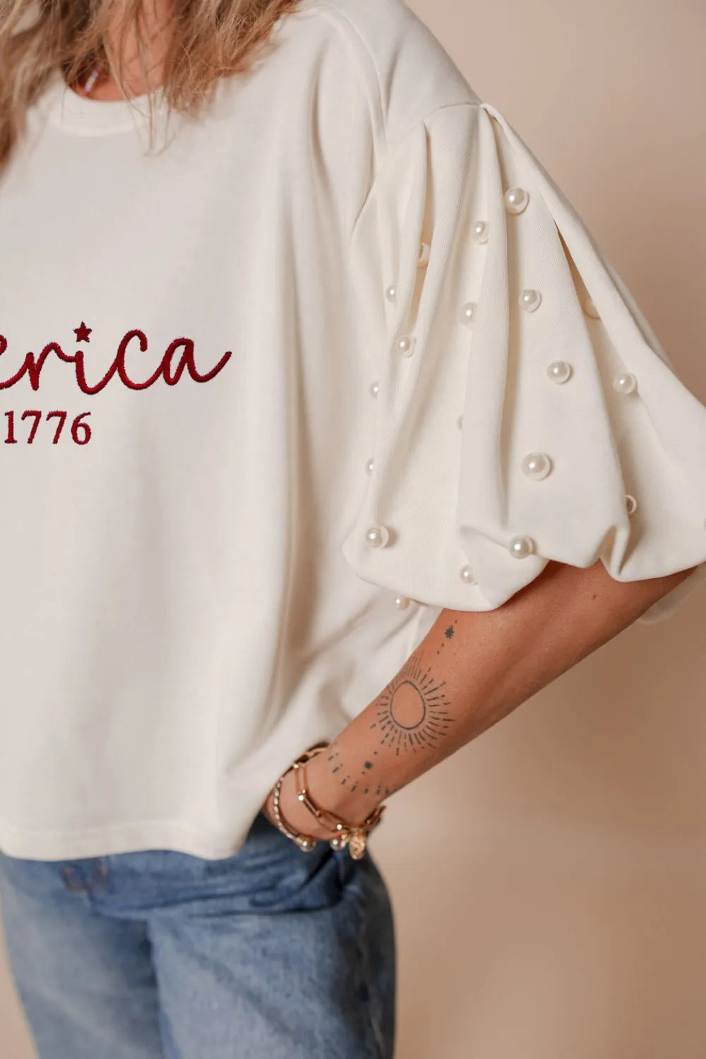 AMERICA EST 1776 Embroidered Pearl Beaded Sleeve T Shirt - Product image 6 by Simply Love