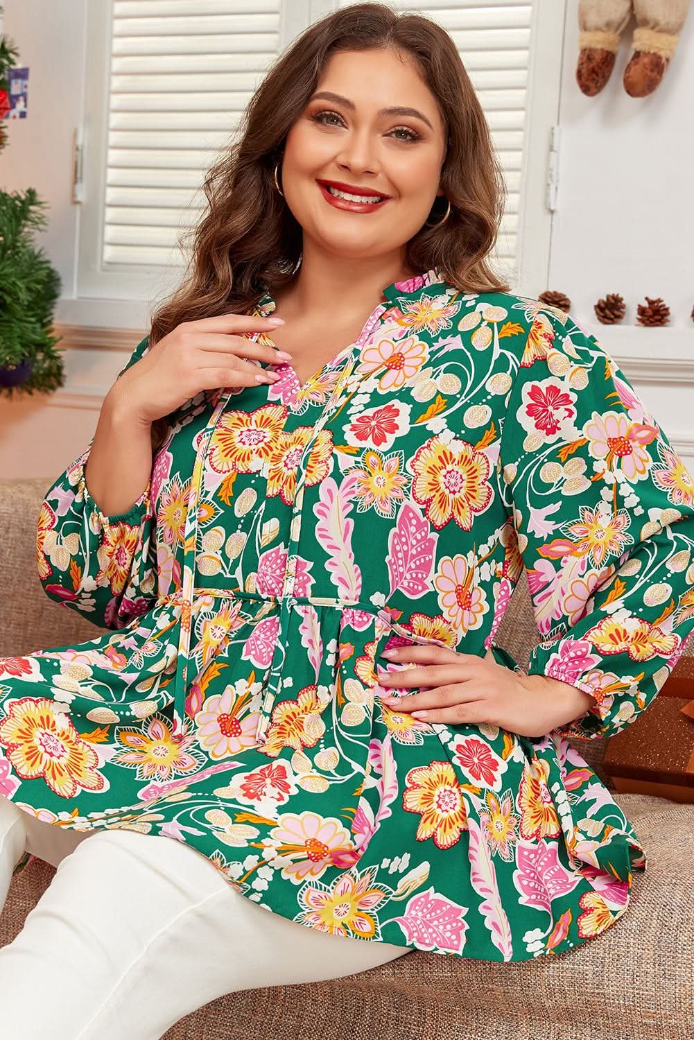 Green floral plus size babydoll top - Love Salve 