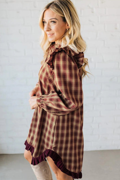 Red Plaid Ruffled Long Sleeve Patchwork Shirt Dress