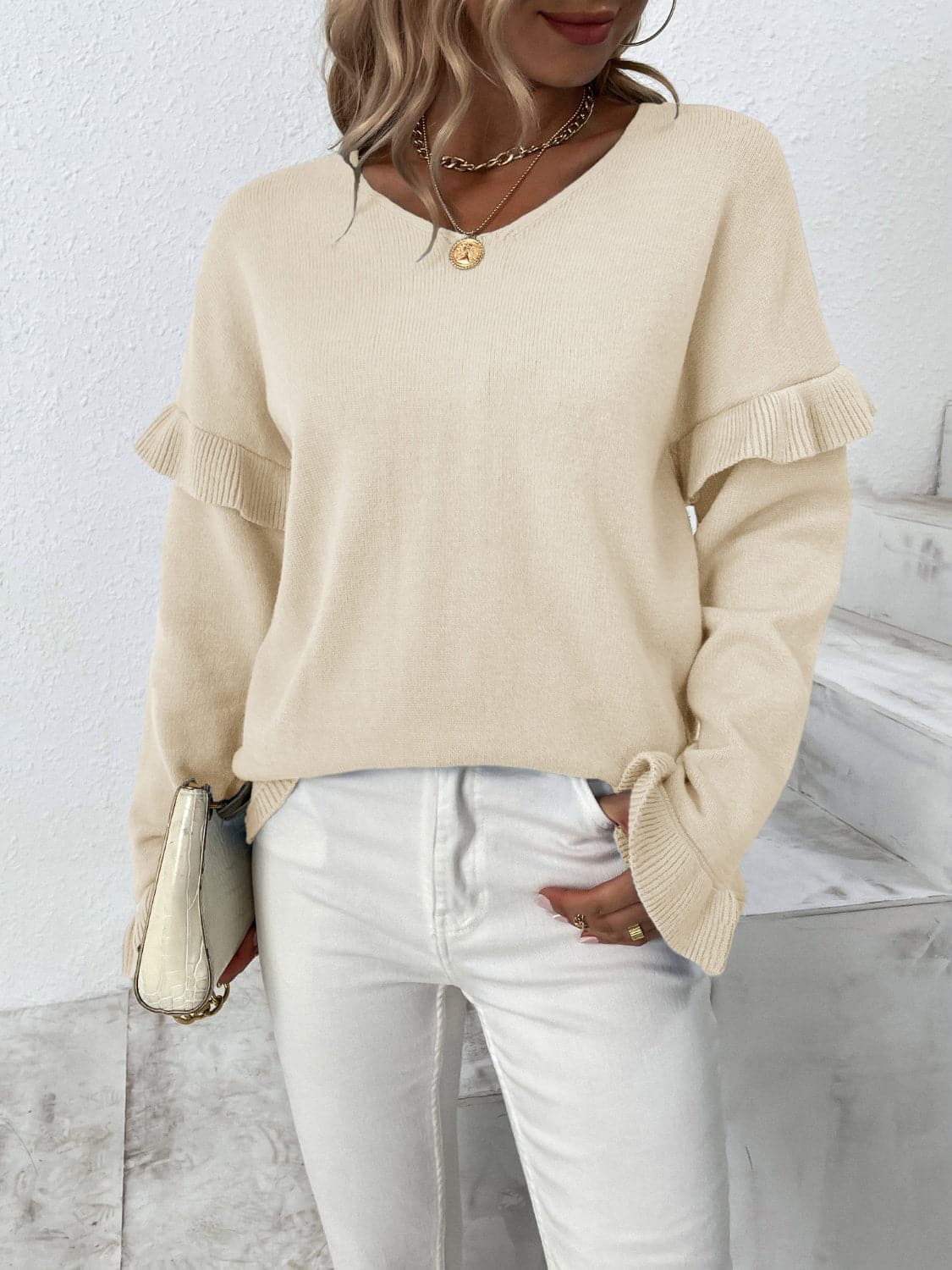 Ruffled V-Neck Dropped Shoulder Sweater.