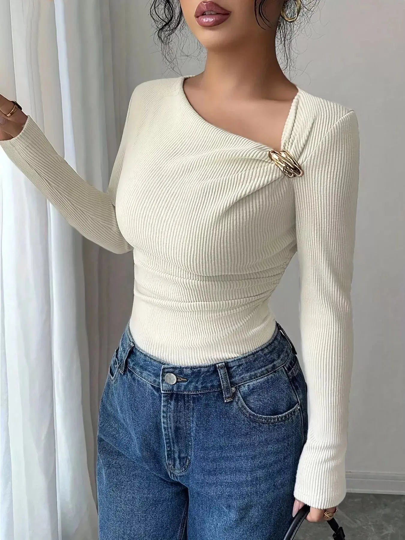 Ribbed Knit Asymmetrical Long Sleeve T-Shirt Simply Love