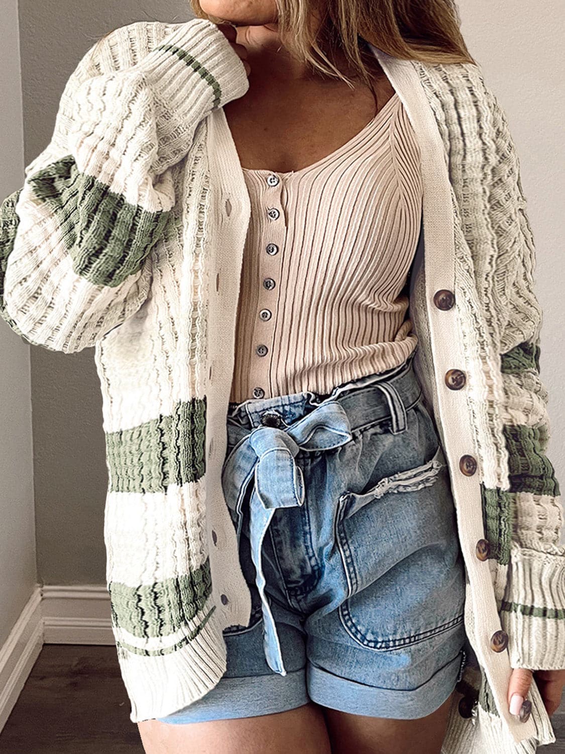 Plus Size Striped Button Up Dropped Shoulder Cardigan.