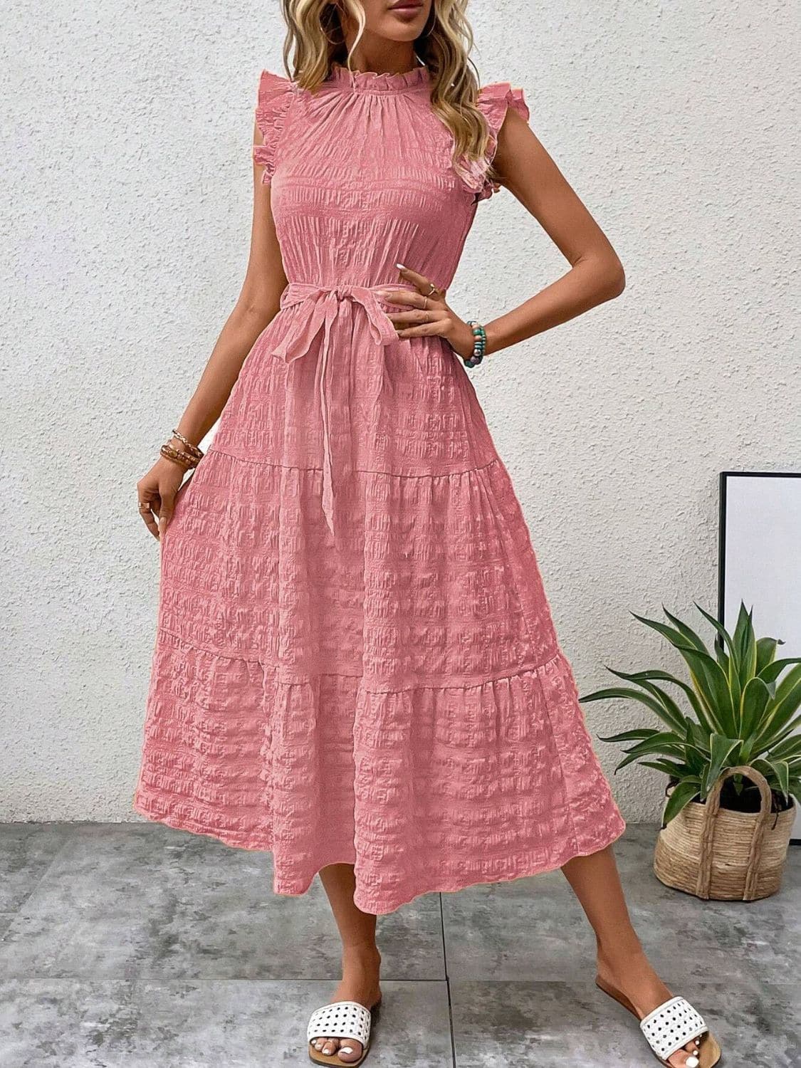 Tied Ruffled Cap Sleeve Midi Dress.