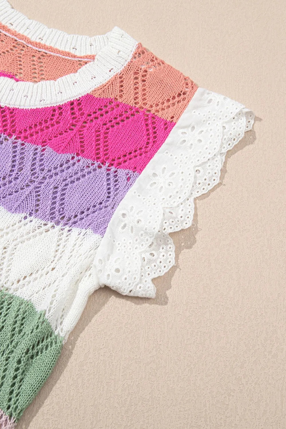 Openwork Round Neck Cap Sleeve Knit Top