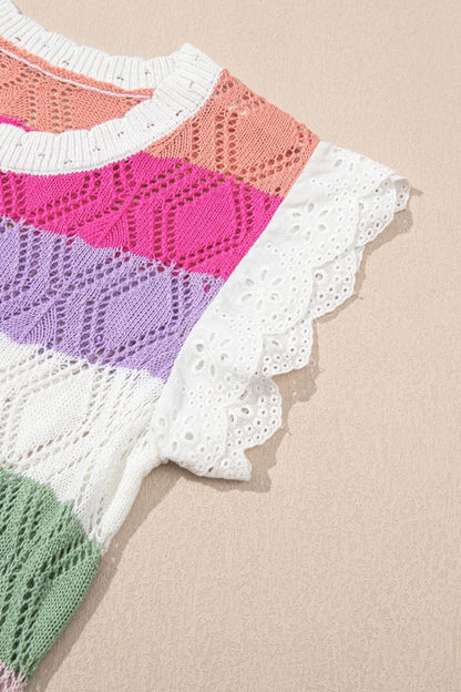 Openwork Round Neck Cap Sleeve Knit Top