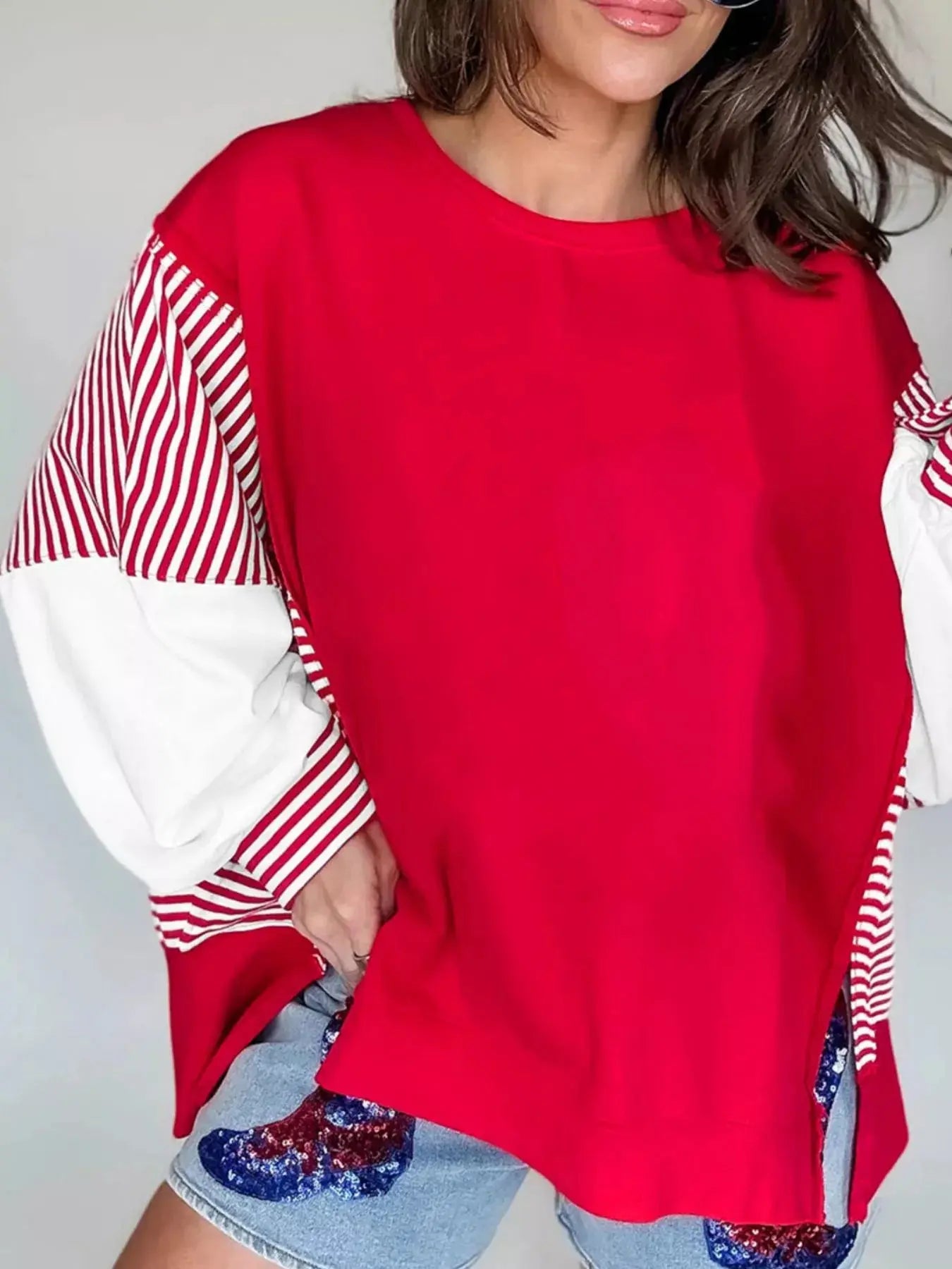 Striped Patchwork Sleeve Colorblock Sweatshirt Simply Love