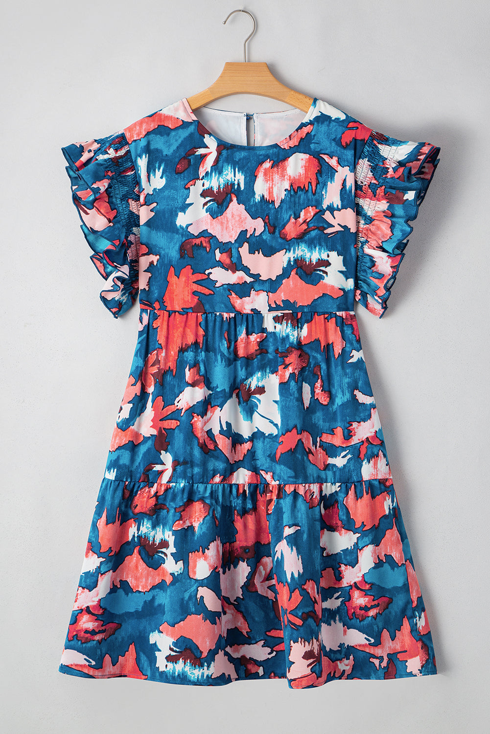 Blue Abstract Print Shirred Ruffled Tiered Short Sleeve Mini Dress Plus Size Dear-Lover Dropshipping