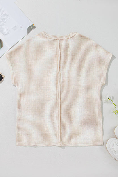 Pale Khaki Solid Color Textured Seamed Short Sleeve Top