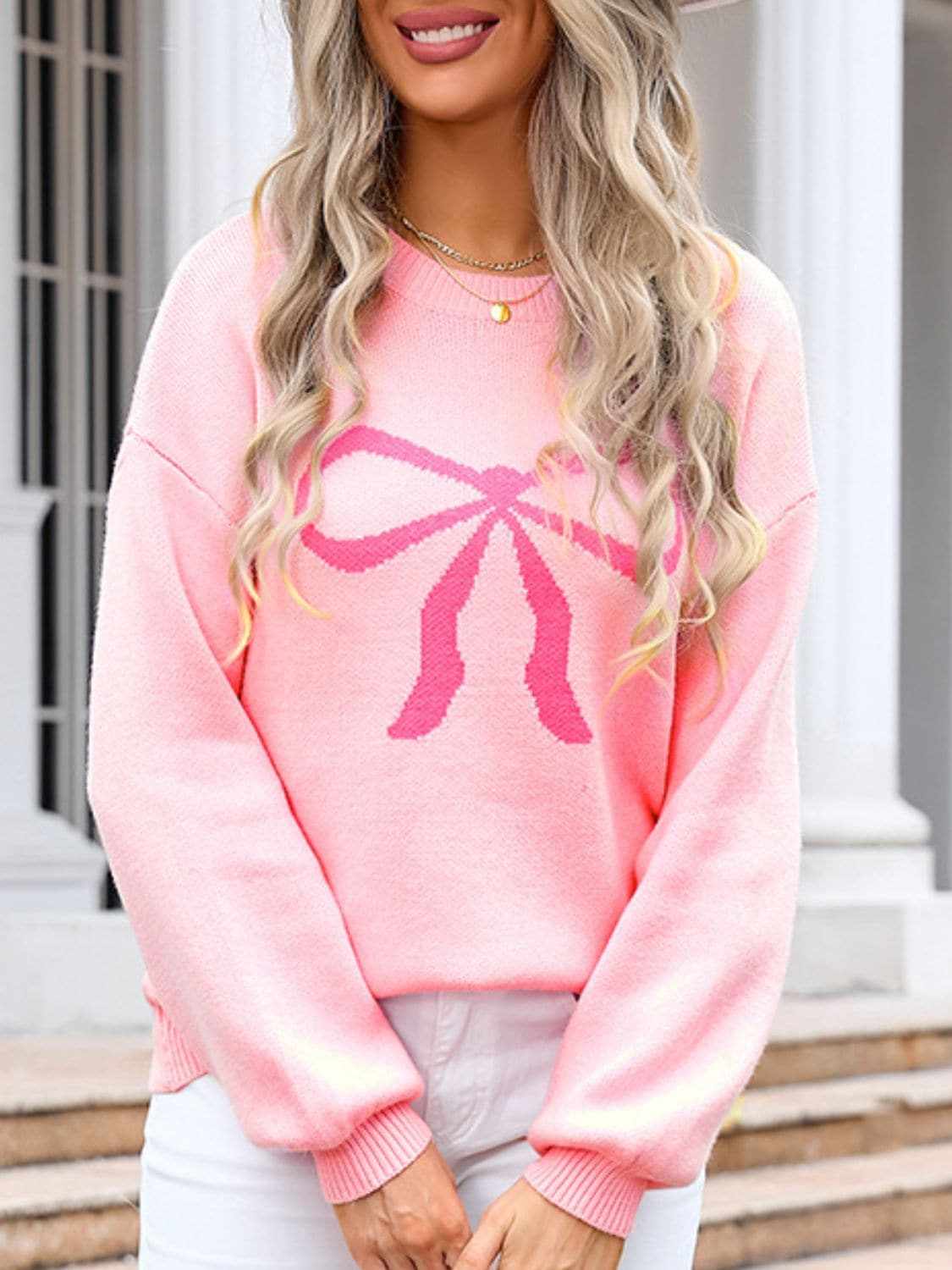 Charming bow print long sleeve sweater - Love Salve 