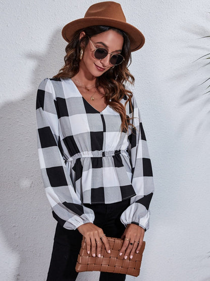 Ruched Printed V-Neck Long Sleeve Blouse.