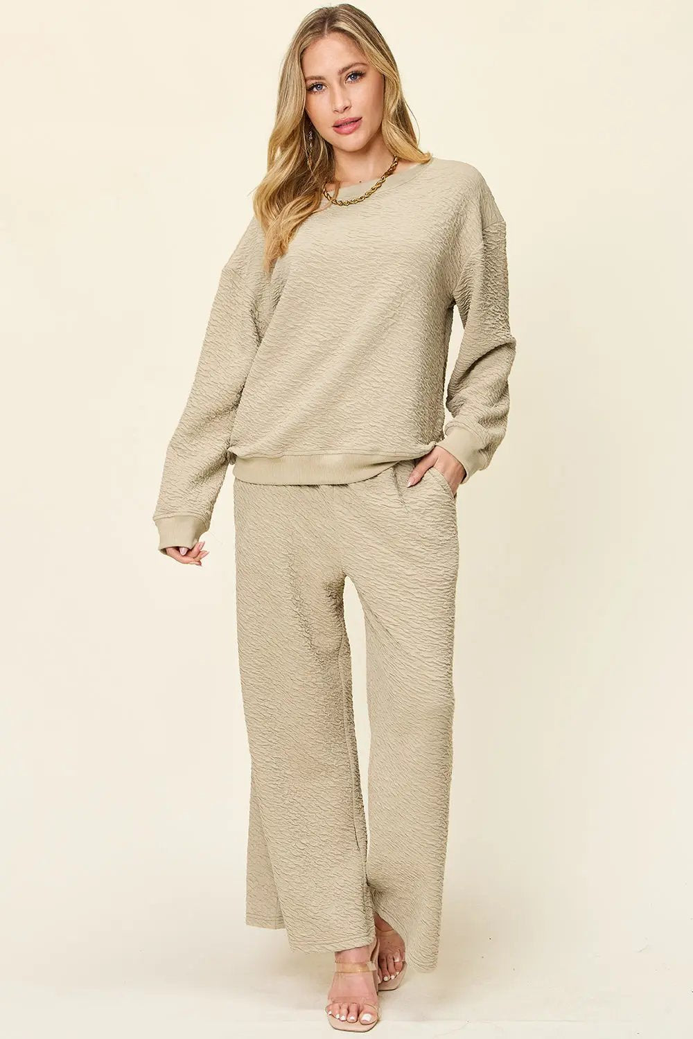 Double Take Full Size Texture Long Sleeve Top and Pants Set - Love Salve