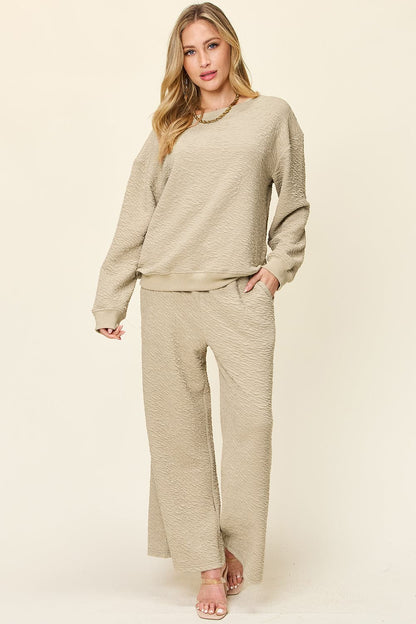 Double Take Full Size Texture Long Sleeve Top and Pants Set.