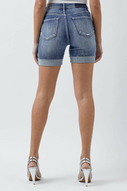 RISEN Full Size Distressed Rolled Denim Shorts with Pockets.