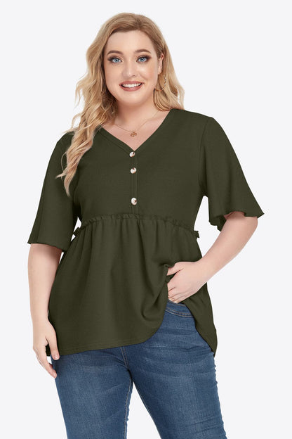 Plus Size Buttoned V-Neck Frill Trim Babydoll Blouse.