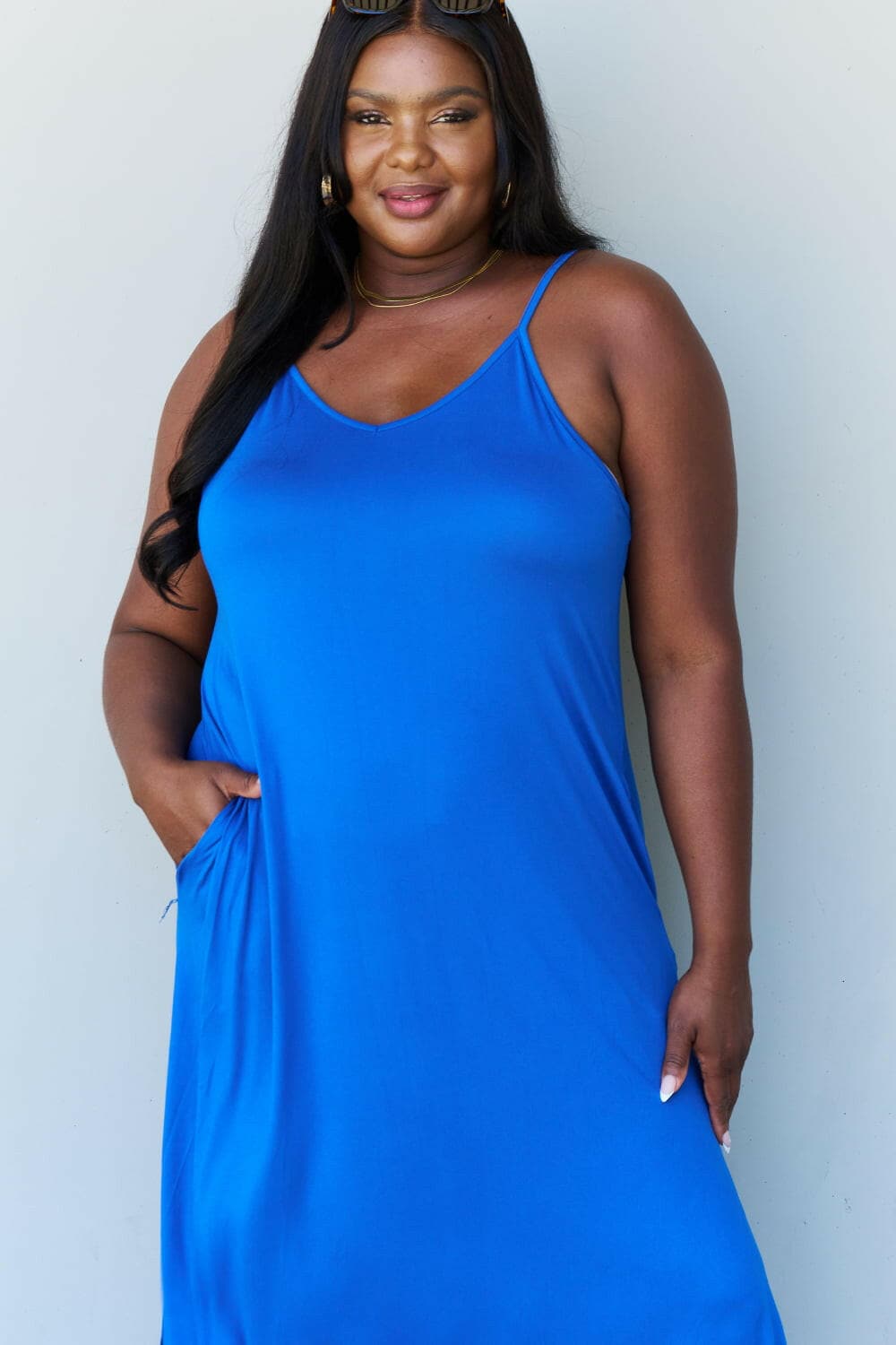 Ninexis Good Energy Full Size Cami Side Slit Maxi Dress in Royal Blue.