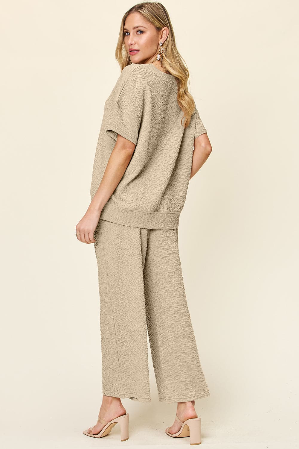 Double Take Full Size Texture Short Sleeve Top and Pants Set.