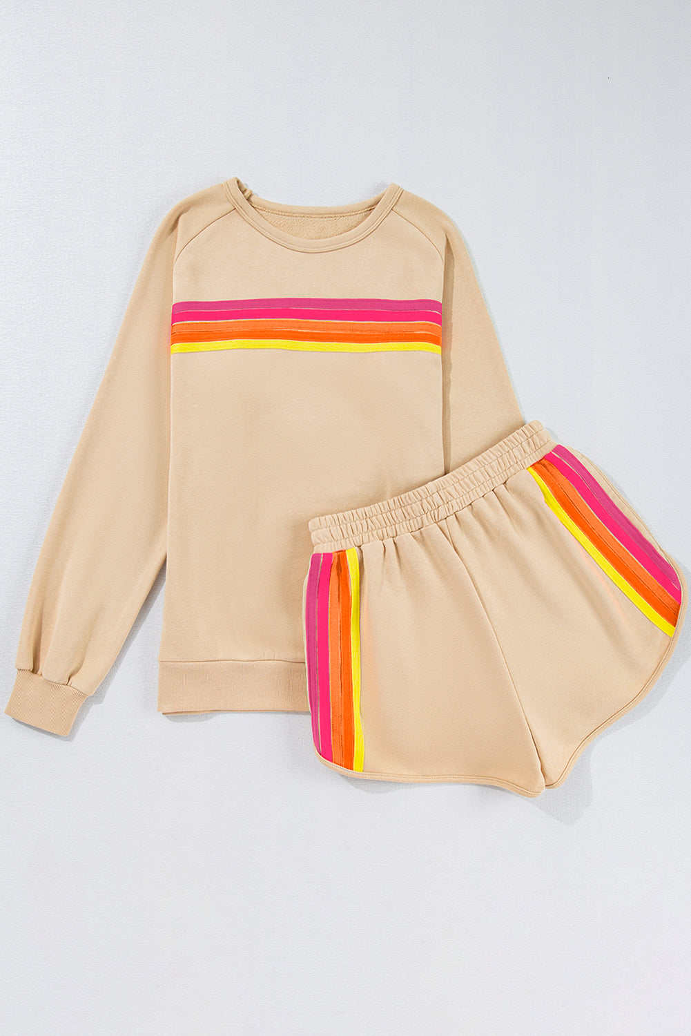 Apricot Striped Accent Pullover and Shorts Two Piece Set