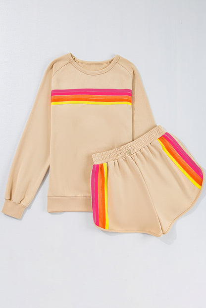 Apricot Striped Accent Pullover and Shorts Two Piece Set