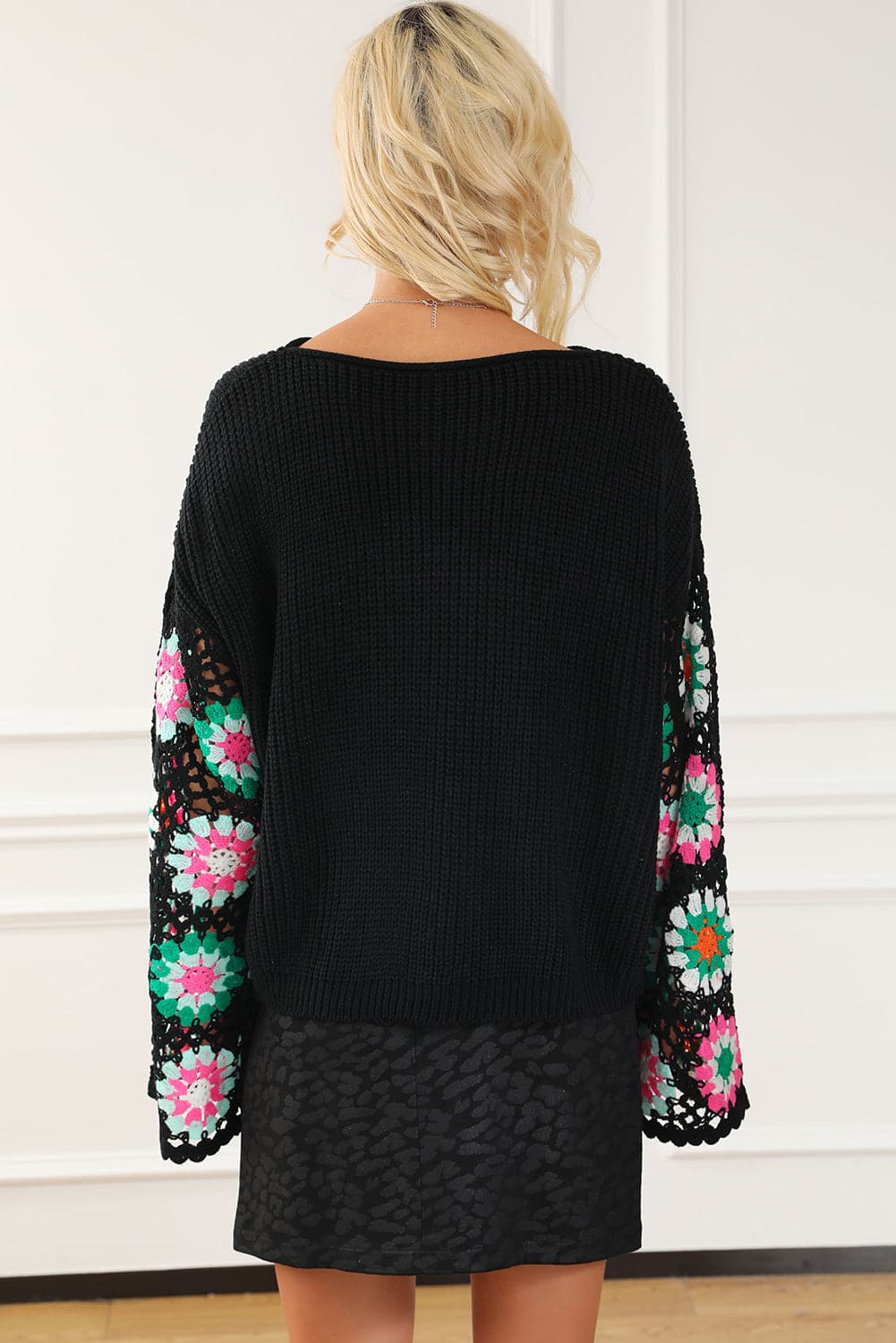 Crochet Round Neck Long Sleeve Knit Top.