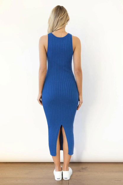 Slit Ribbed Round Neck Sleeveless Dress.