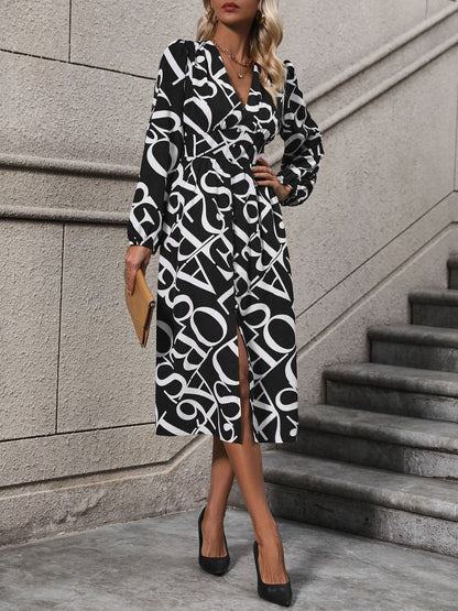 Printed V-Neck Long Sleeve Midi Dress.