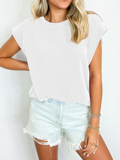 Textured Round Neck Cap Sleeve Blouse.