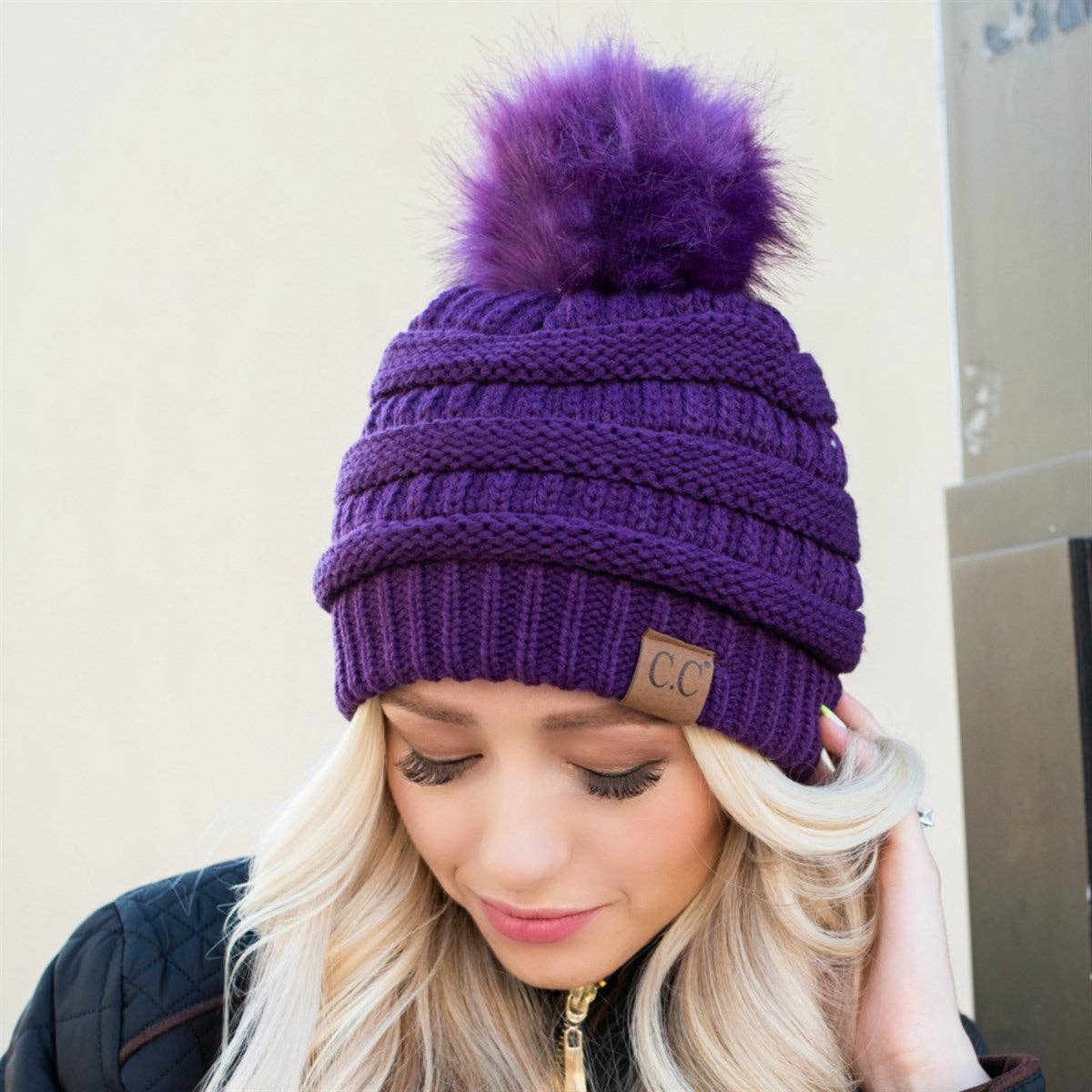 C.C Cable Knit Beanie with Matching Faux Fur Pom - Burgundy Coco’s Tee Boutique