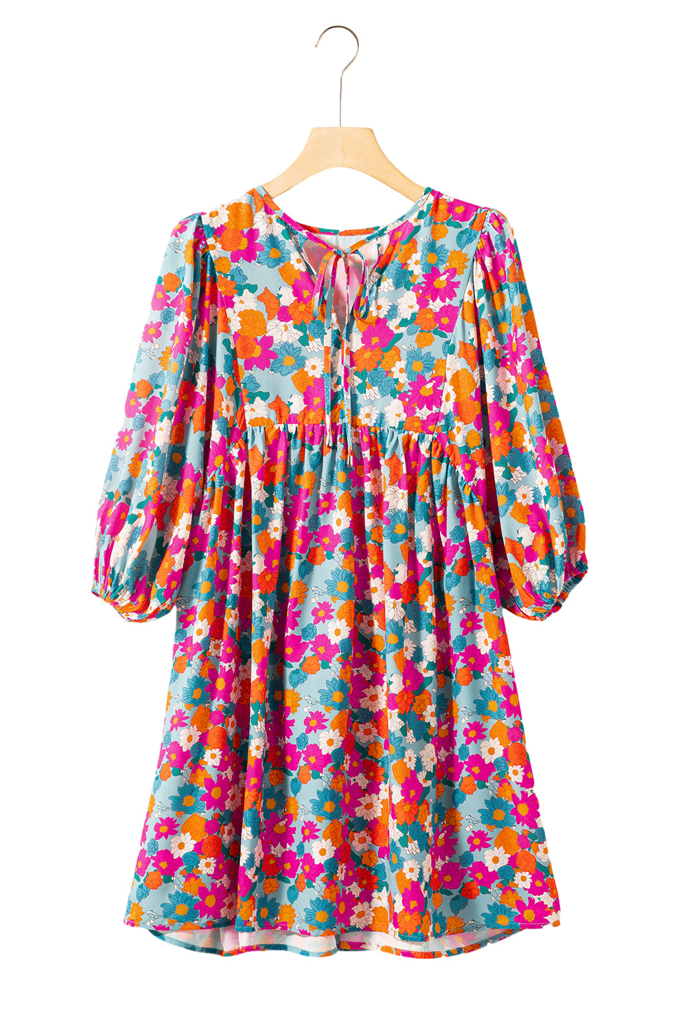 Charming sky blue floral babydoll dress with bubble sleeves and tie neckline