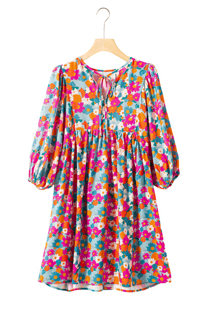 Charming sky blue floral babydoll dress with bubble sleeves and tie neckline