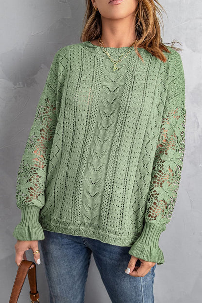 Openwork Lantern Sleeve Dropped Shoulder Sweater.