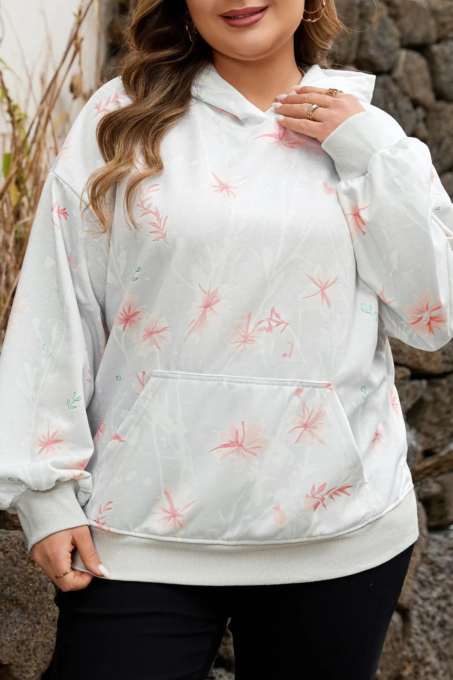 Gray Floral Print Plus Size Loose Hoodie For Women Relaxed Fit Dear-Lover Dropshipping