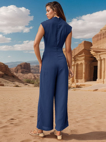 Ruched Mock Neck Sleeveless Jumpsuit.