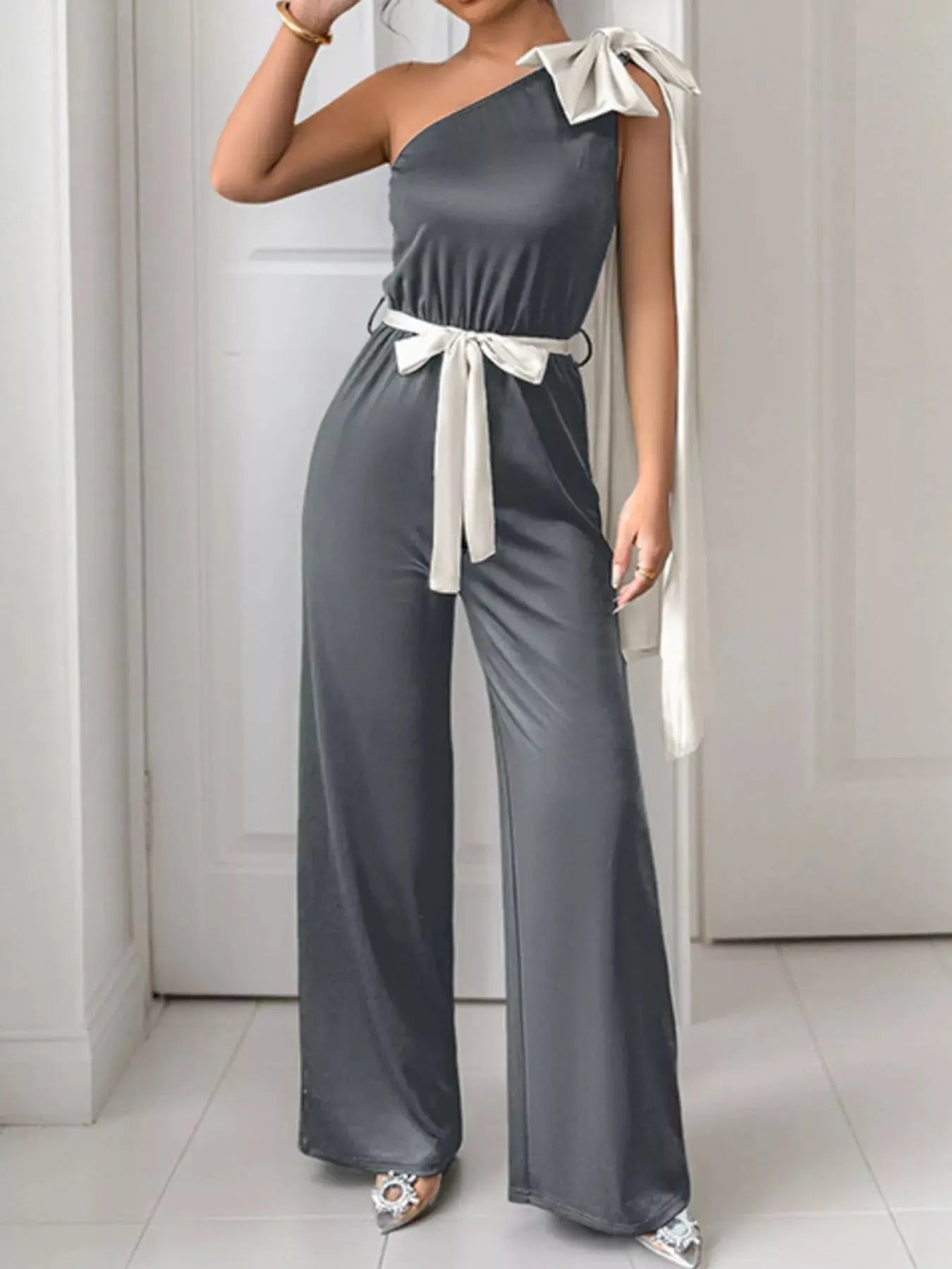One-Shoulder Bowknot Wide Leg Jumpsuit Simply Love