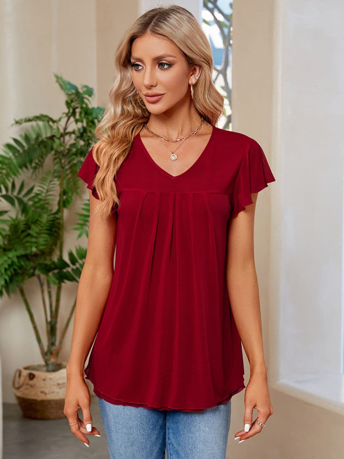 Ruched V-Neck Short Sleeve T-Shirt.