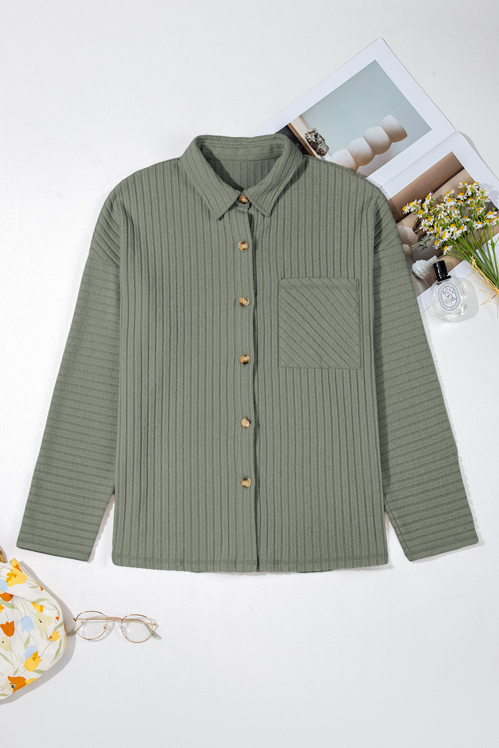 Mist Green Thermal Ribbed Texture Drop Shoulder Button Up Shacket Love Salve