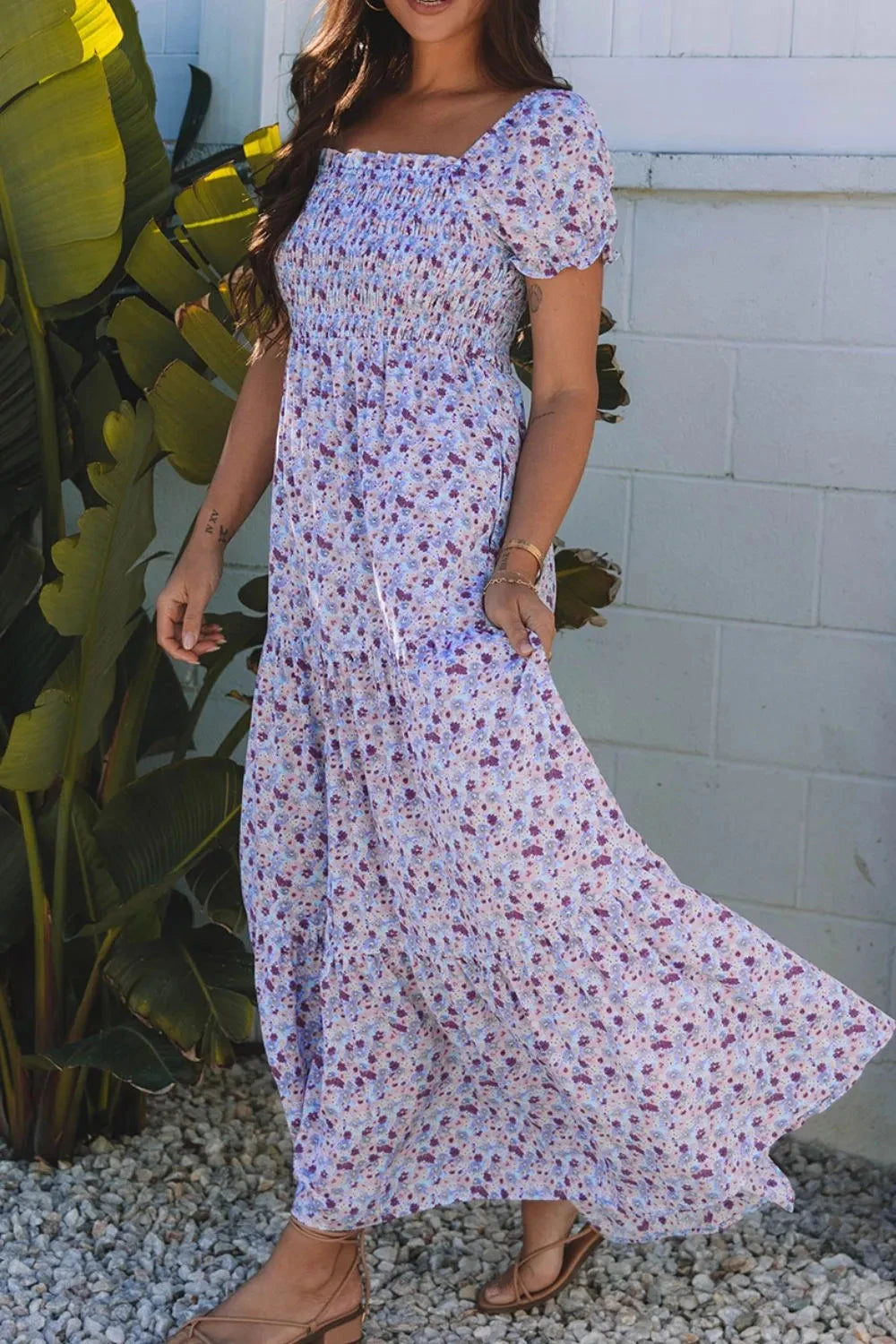 Tiered Floral Shirred High Waist Maxi Dress Simply Love