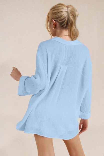 Chic Cotton Breathable Button-Up Long Sleeve Top and Shorts Ensemble