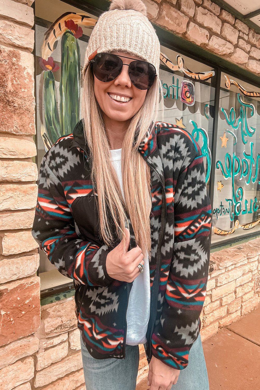 Chic black Aztec zip collar jacket for effortless style