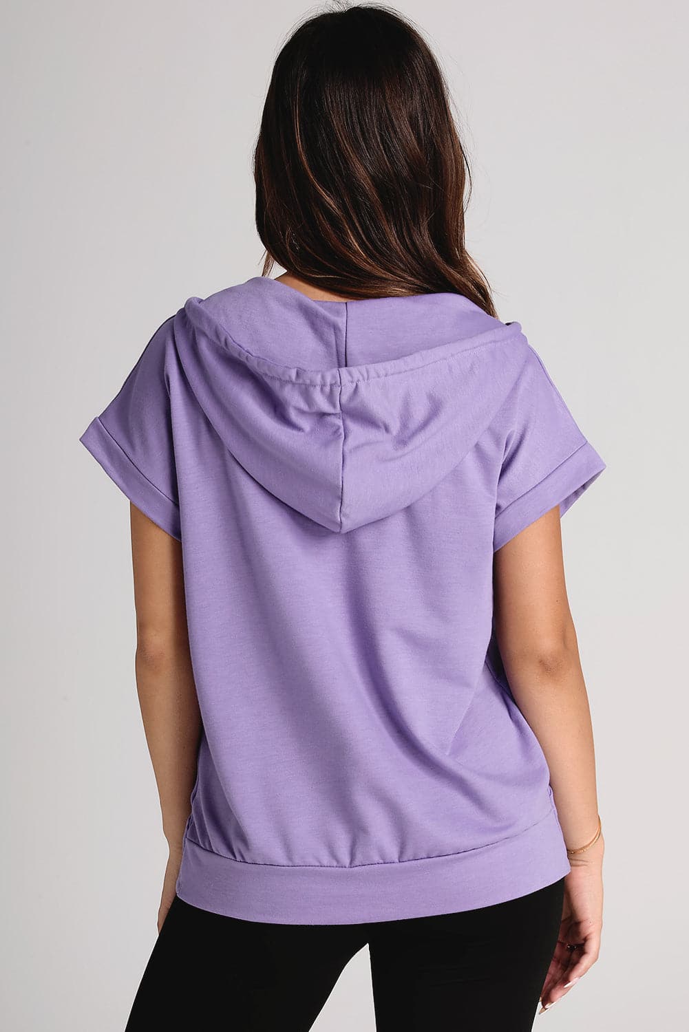 Drawstring Quarter Snap Cap Sleeve Hoodie.