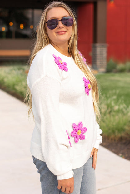 Elegant white plus size floral crochet knit sweater with drop shoulder design