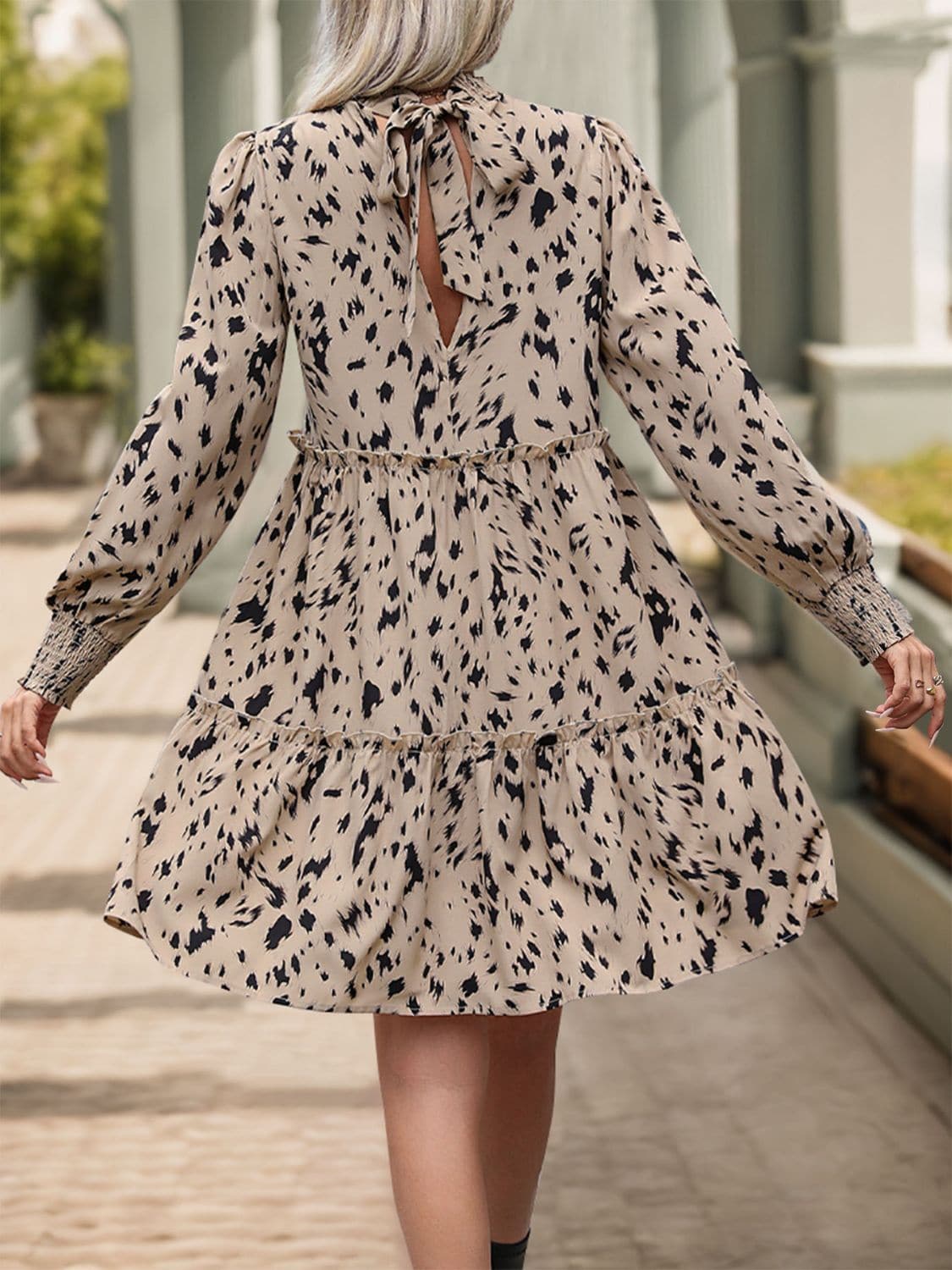 Frill Printed Mock Neck Long Sleeve Mini Dress.