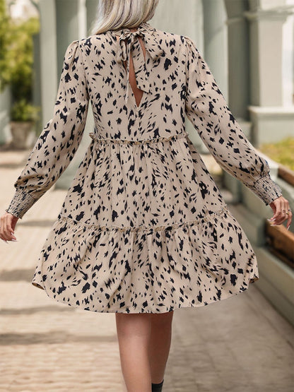 Frill Printed Mock Neck Long Sleeve Mini Dress.