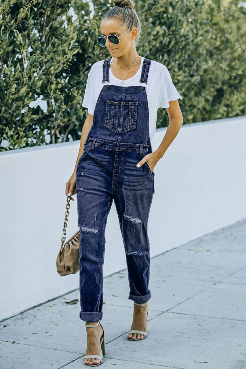 Pocketed Distressed Denim Overalls.