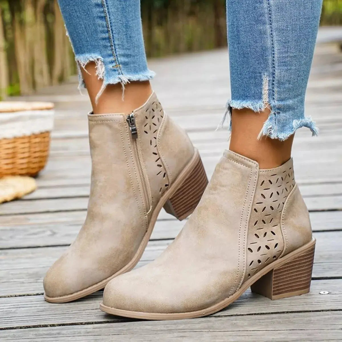 Block Heel Ankle Boots with Cutout Detail Simply Love
