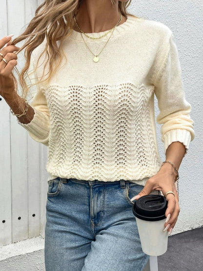 Openwork Round Neck Long Sleeve Sweater.