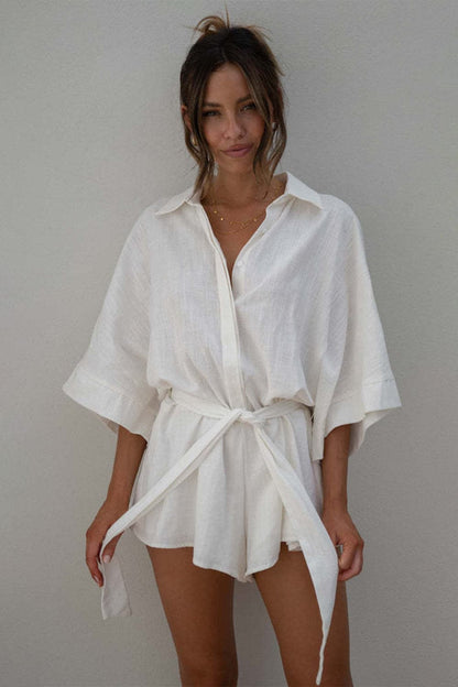 Tied Button Up Collared Neck Romper.