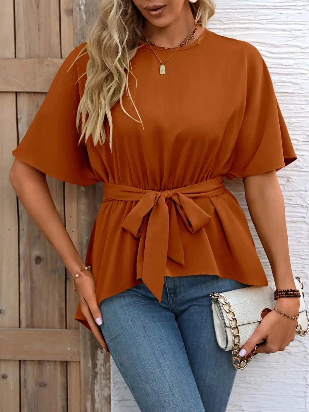 Ivy Lane Tied Round Neck Half Sleeve Blouse Coco’s Tee Boutique
