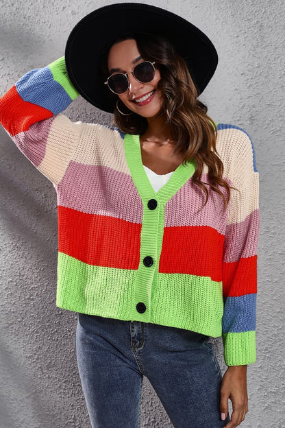 Color Block Button-Down Dropped Shoulder Cardigan.